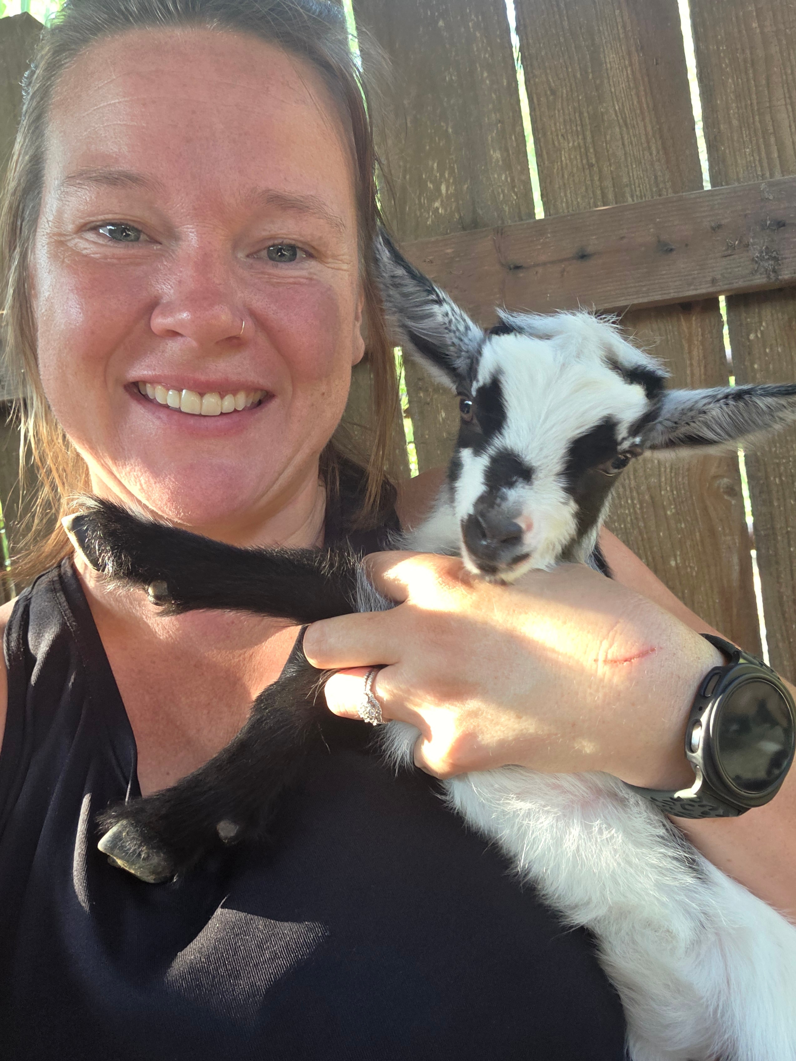 Mom with Nigerian Dwarf goat